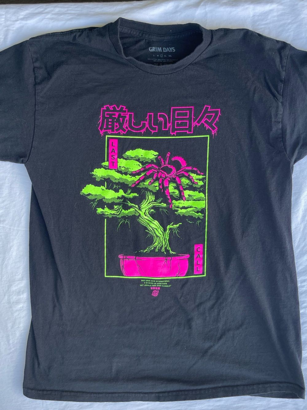 Black Graphic Tee with Neon Pink & Green Bonsai Print
